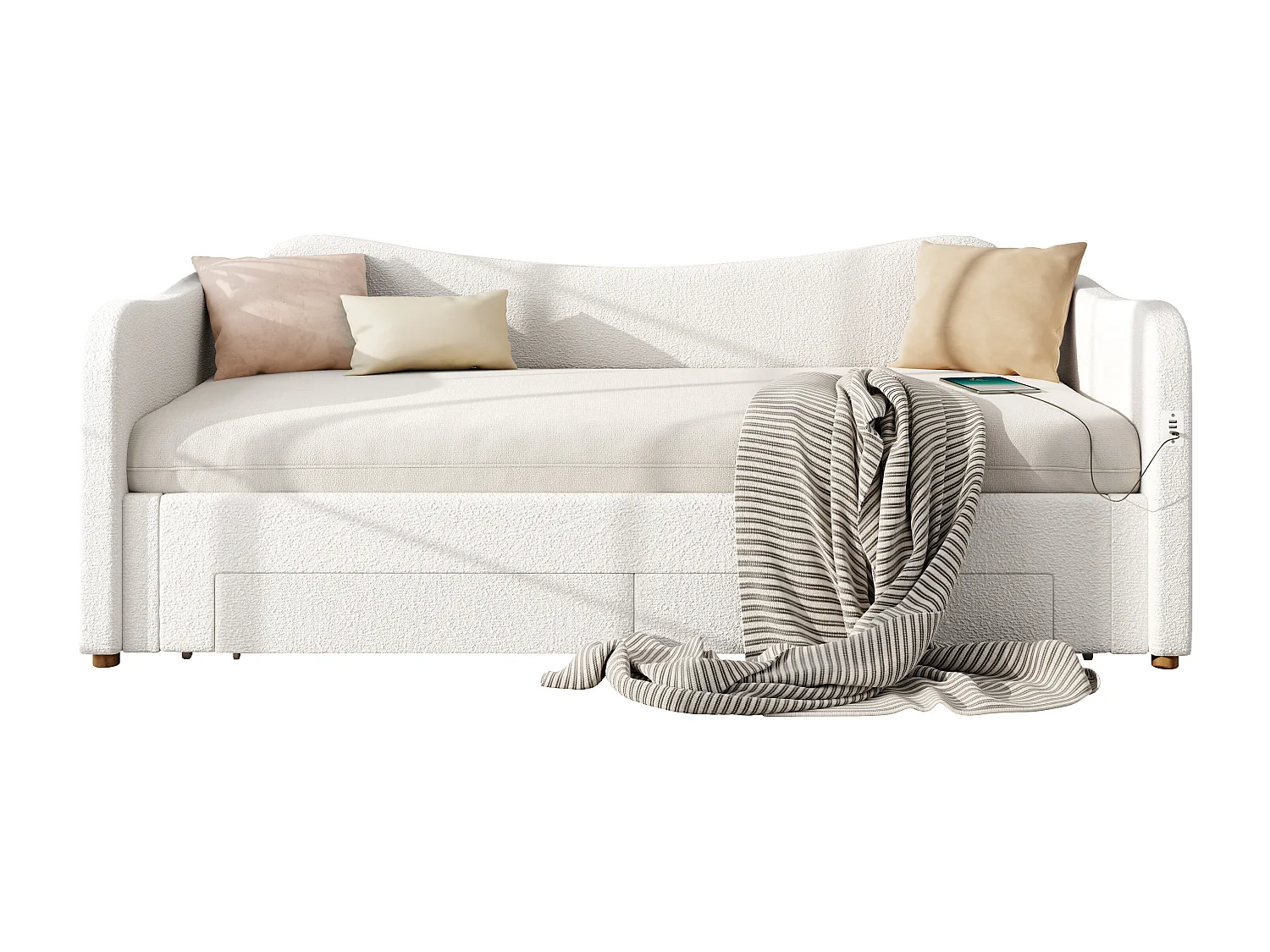 Divano letto imbottito 90x200cm - con letto a scomparsa - 2 cassetti di riporre - Porta USB - Tessuto bouclé - Beige​ (senza materasso)