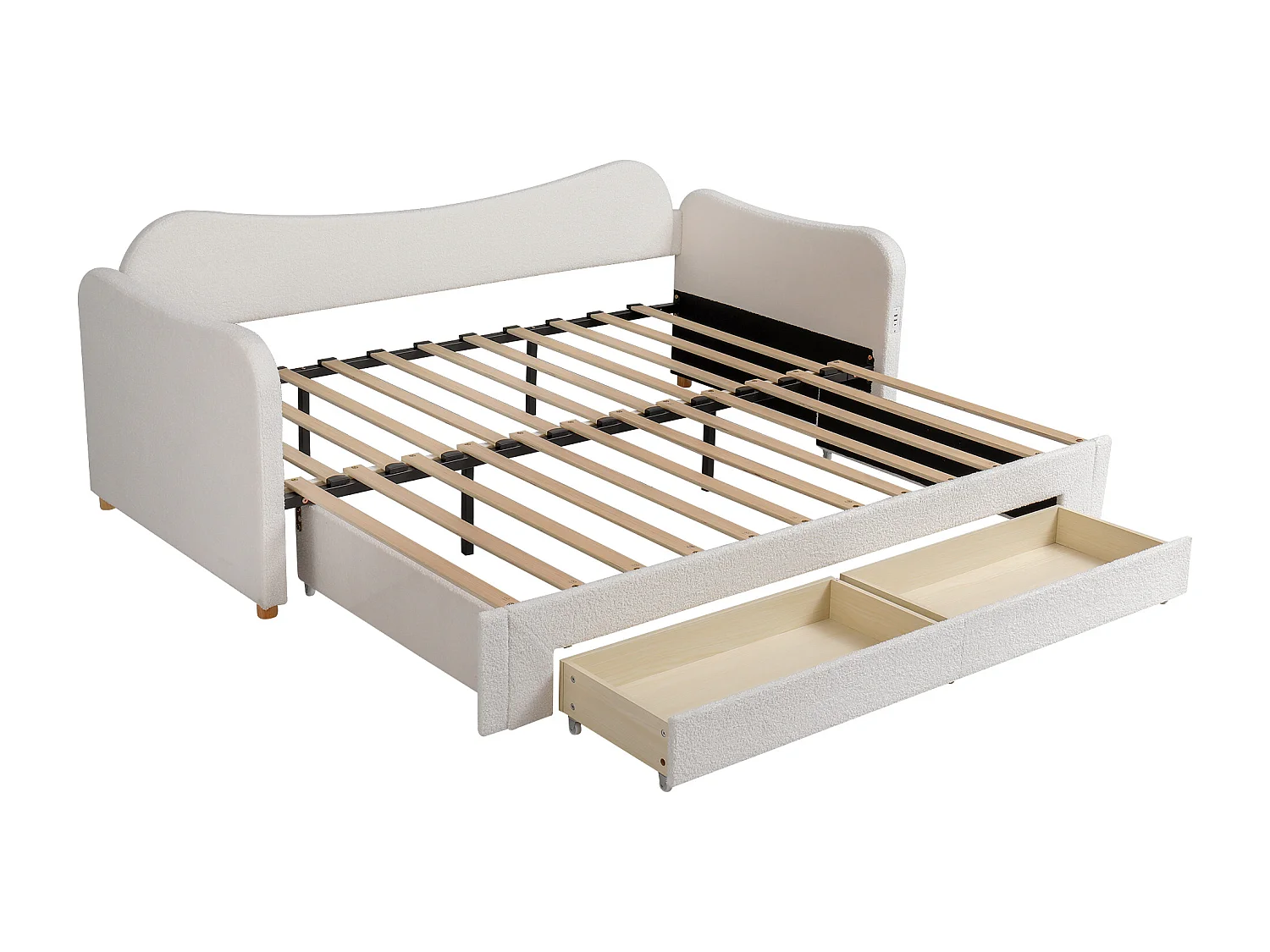 Divano letto imbottito 90x200cm - con letto a scomparsa - 2 cassetti di riporre - Porta USB - Tessuto bouclé - Beige​ (senza materasso)