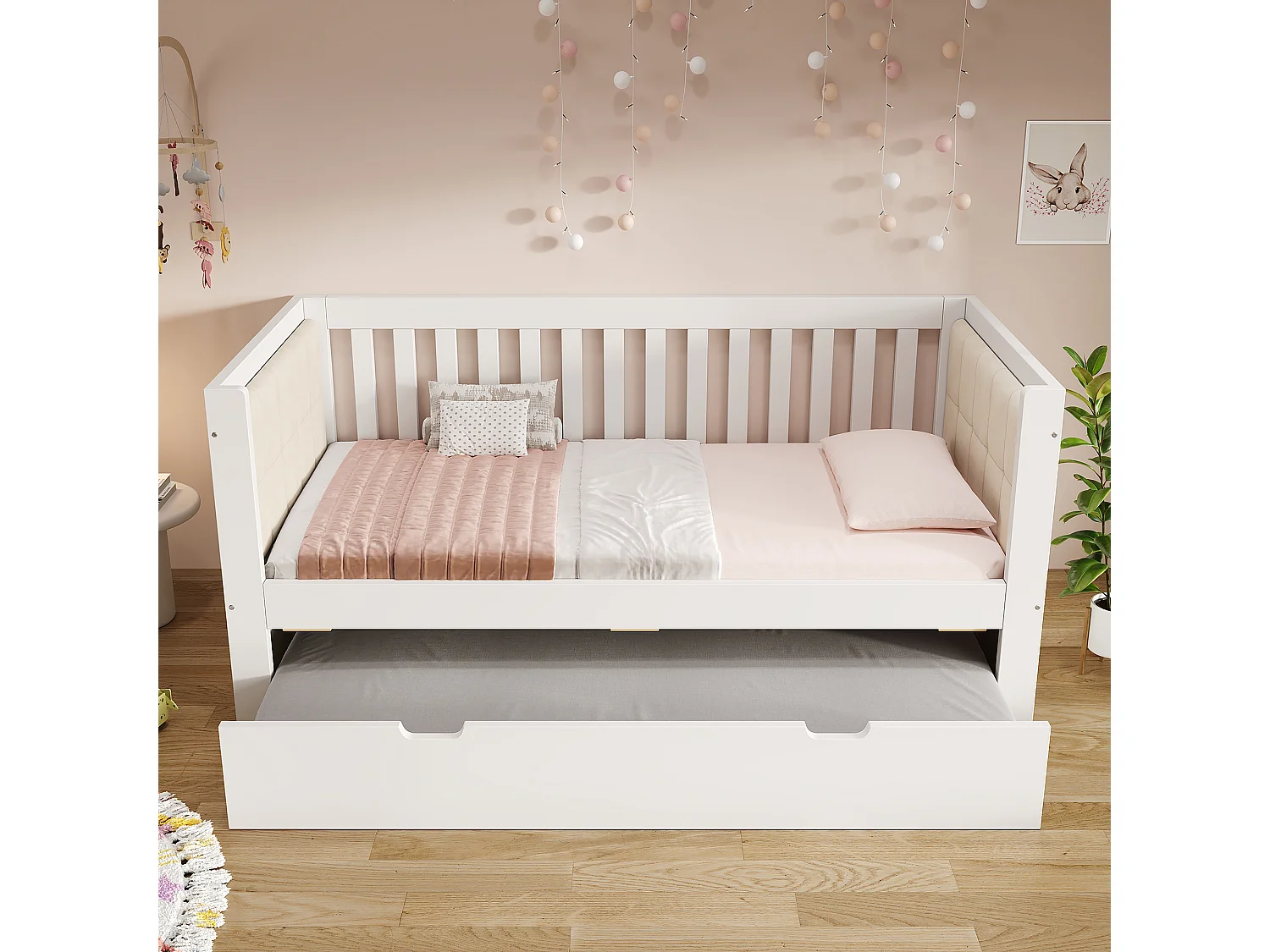 Canapé-lit 90x200cm - avec lit gigogne - dossier rembourré - avec sommier à lattes - blanc (matelas non inclus)