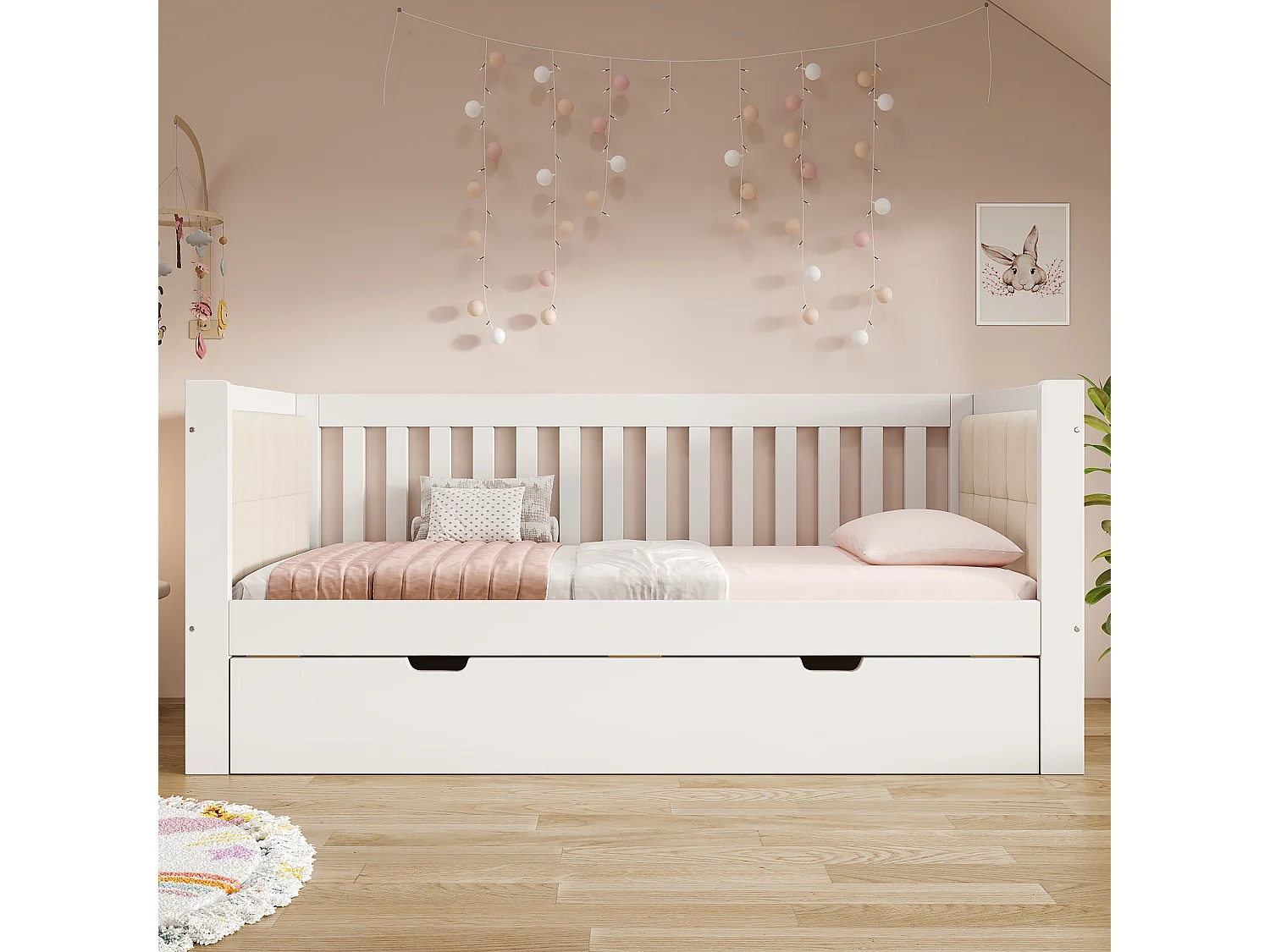 Canapé-lit 90x200cm - avec lit gigogne - dossier rembourré - avec sommier à lattes - blanc (matelas non inclus)