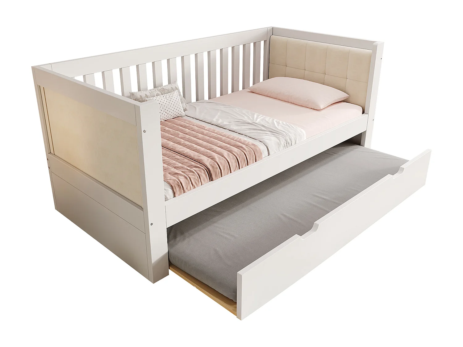 Canapé-lit 90x200cm - avec lit gigogne - dossier rembourré - avec sommier à lattes - blanc (matelas non inclus)