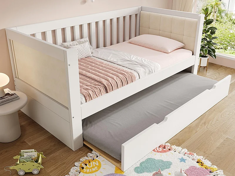 Canapé-lit 90x200cm - avec lit gigogne - dossier rembourré - avec sommier à lattes - blanc (matelas non inclus)