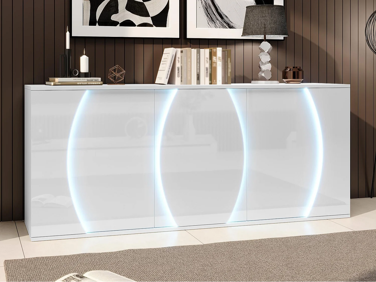 Lakierowany kredens o wysokim połysku 150x40x70 cm - Mebel pokojowy 3 drzwi - Oświetlenie LED - Płyta wiórowa - Biały