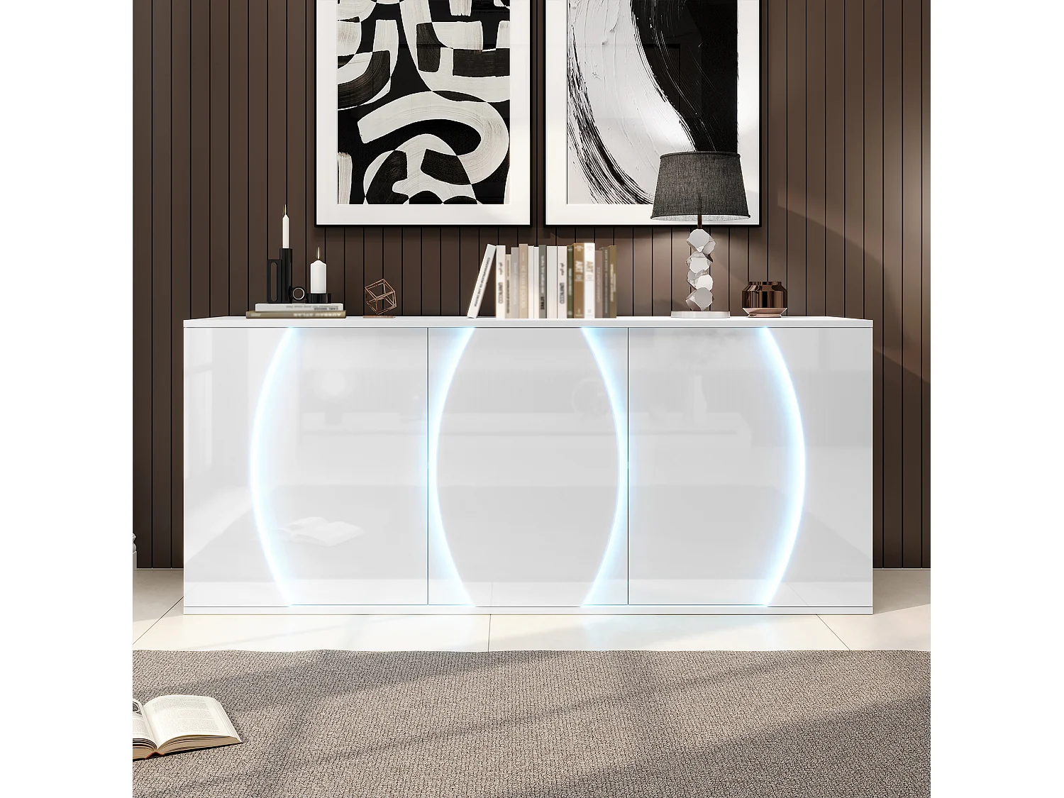 Lakierowany kredens o wysokim połysku 150x40x70 cm - Mebel pokojowy 3 drzwi - Oświetlenie LED - Płyta wiórowa - Biały