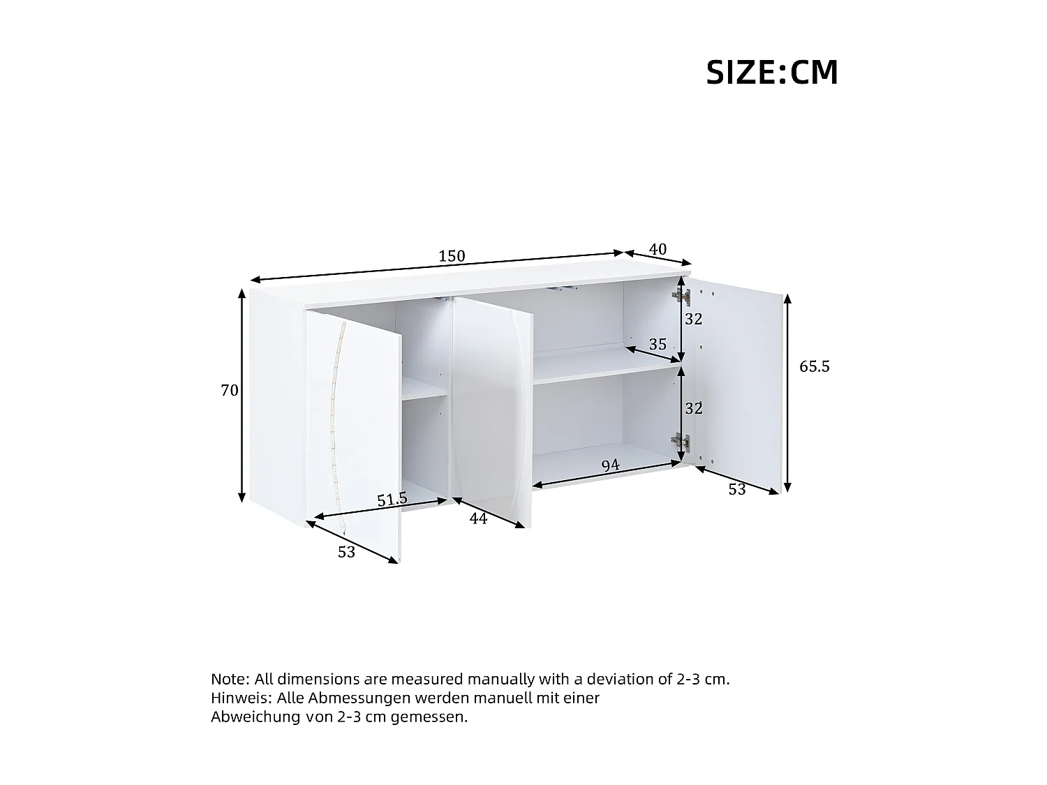 Lakierowany kredens o wysokim połysku 150x40x70 cm - Mebel pokojowy 3 drzwi - Oświetlenie LED - Płyta wiórowa - Biały