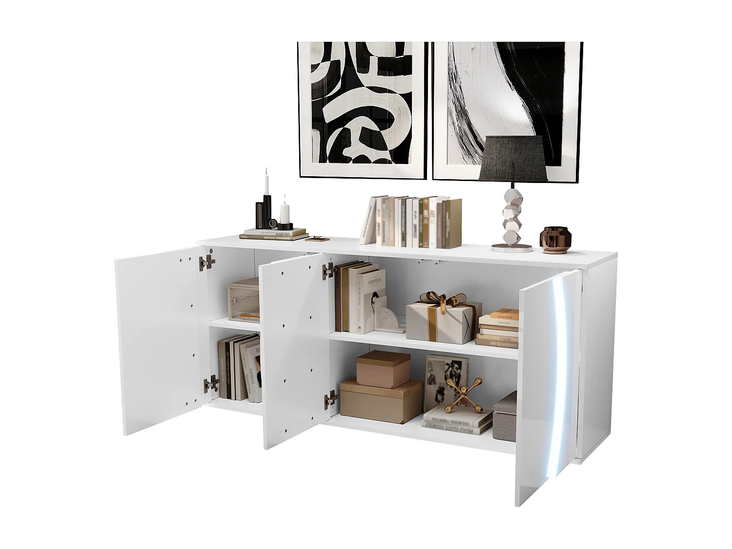 Lakierowany kredens o wysokim połysku 150x40x70 cm - Mebel pokojowy 3 drzwi - Oświetlenie LED - Płyta wiórowa - Biały