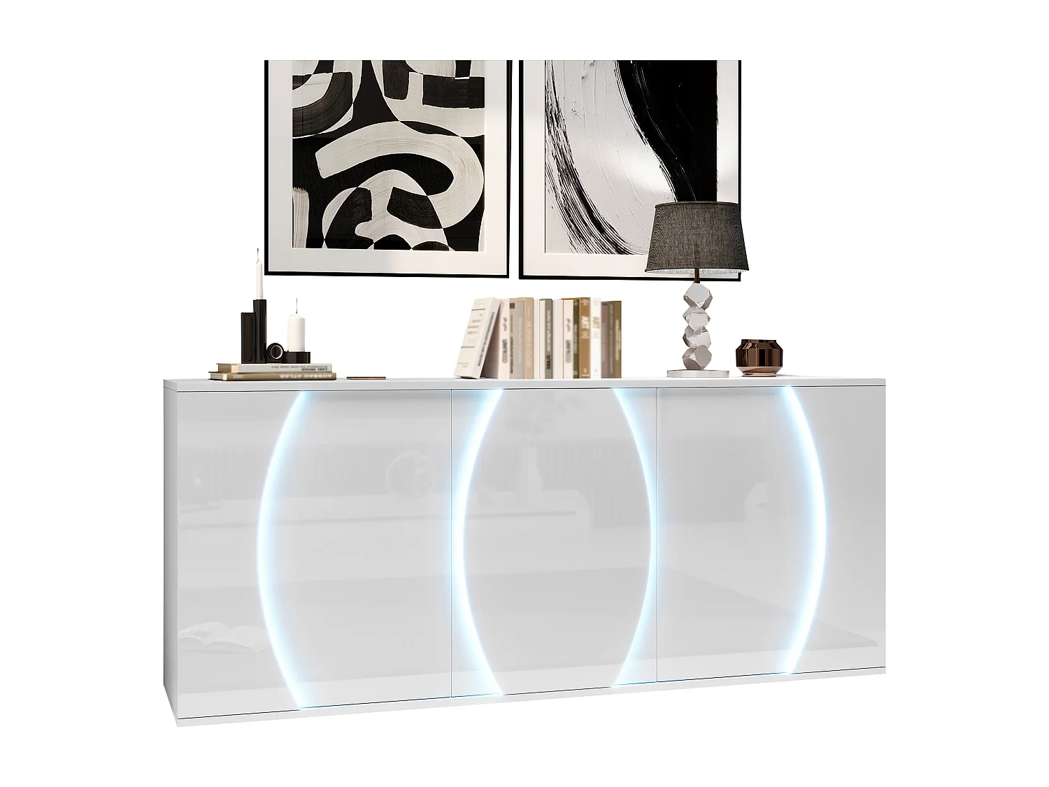 Lakierowany kredens o wysokim połysku 150x40x70 cm - Mebel pokojowy 3 drzwi - Oświetlenie LED - Płyta wiórowa - Biały