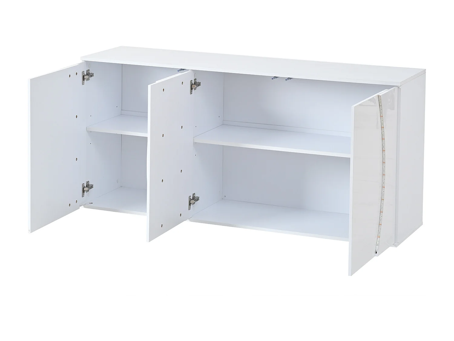 Lakierowany kredens o wysokim połysku 150x40x70 cm - Mebel pokojowy 3 drzwi - Oświetlenie LED - Płyta wiórowa - Biały