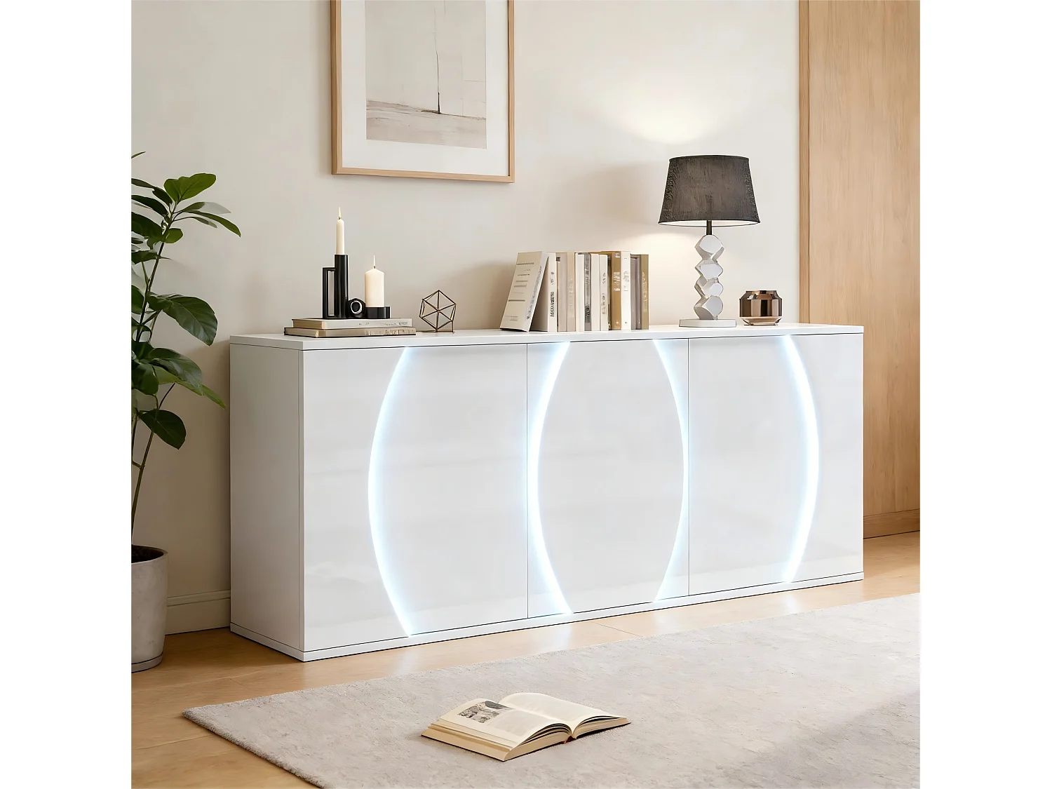 Lakierowany kredens o wysokim połysku 150x40x70 cm - Mebel pokojowy 3 drzwi - Oświetlenie LED - Płyta wiórowa - Biały