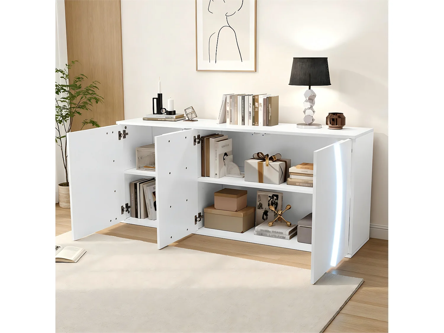 Lakierowany kredens o wysokim połysku 150x40x70 cm - Mebel pokojowy 3 drzwi - Oświetlenie LED - Płyta wiórowa - Biały