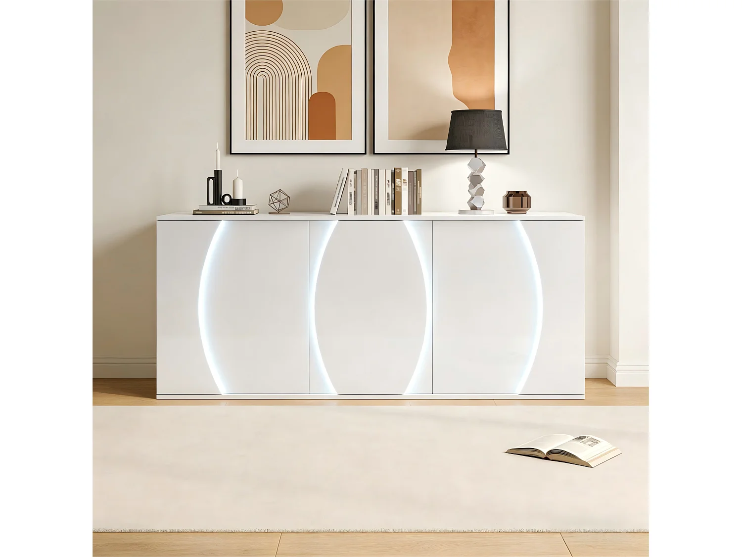 Lakierowany kredens o wysokim połysku 150x40x70 cm - Mebel pokojowy 3 drzwi - Oświetlenie LED - Płyta wiórowa - Biały