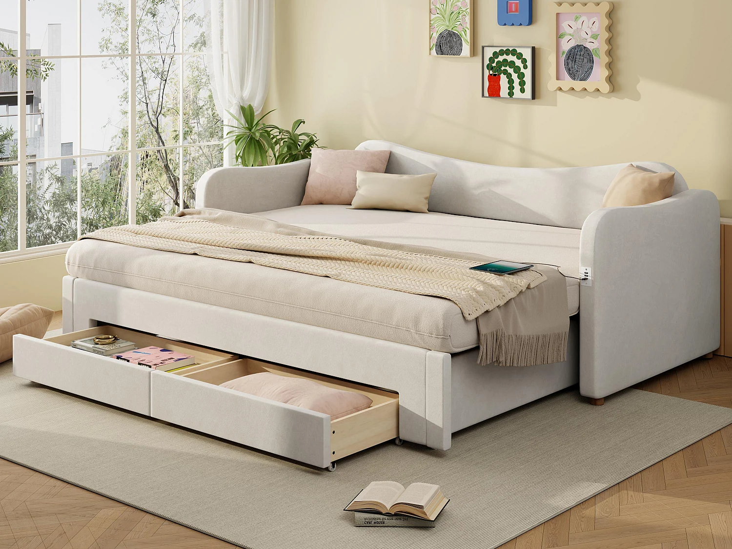 Divano letto imbottito 90x200cm - con letto a scomparsa - 2 cassetti di riporre - Porta USB - Tessuto velluto - Beige​ (Materasso non incluso)