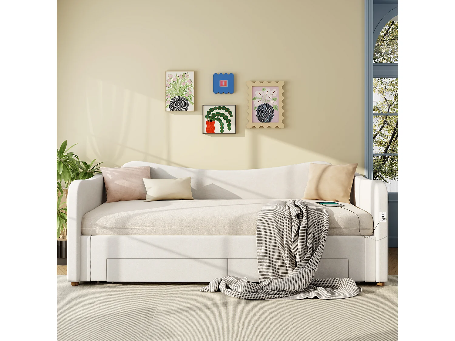 Divano letto imbottito 90x200cm - con letto a scomparsa - 2 cassetti di riporre - Porta USB - Tessuto velluto - Beige​ (Materasso non incluso)