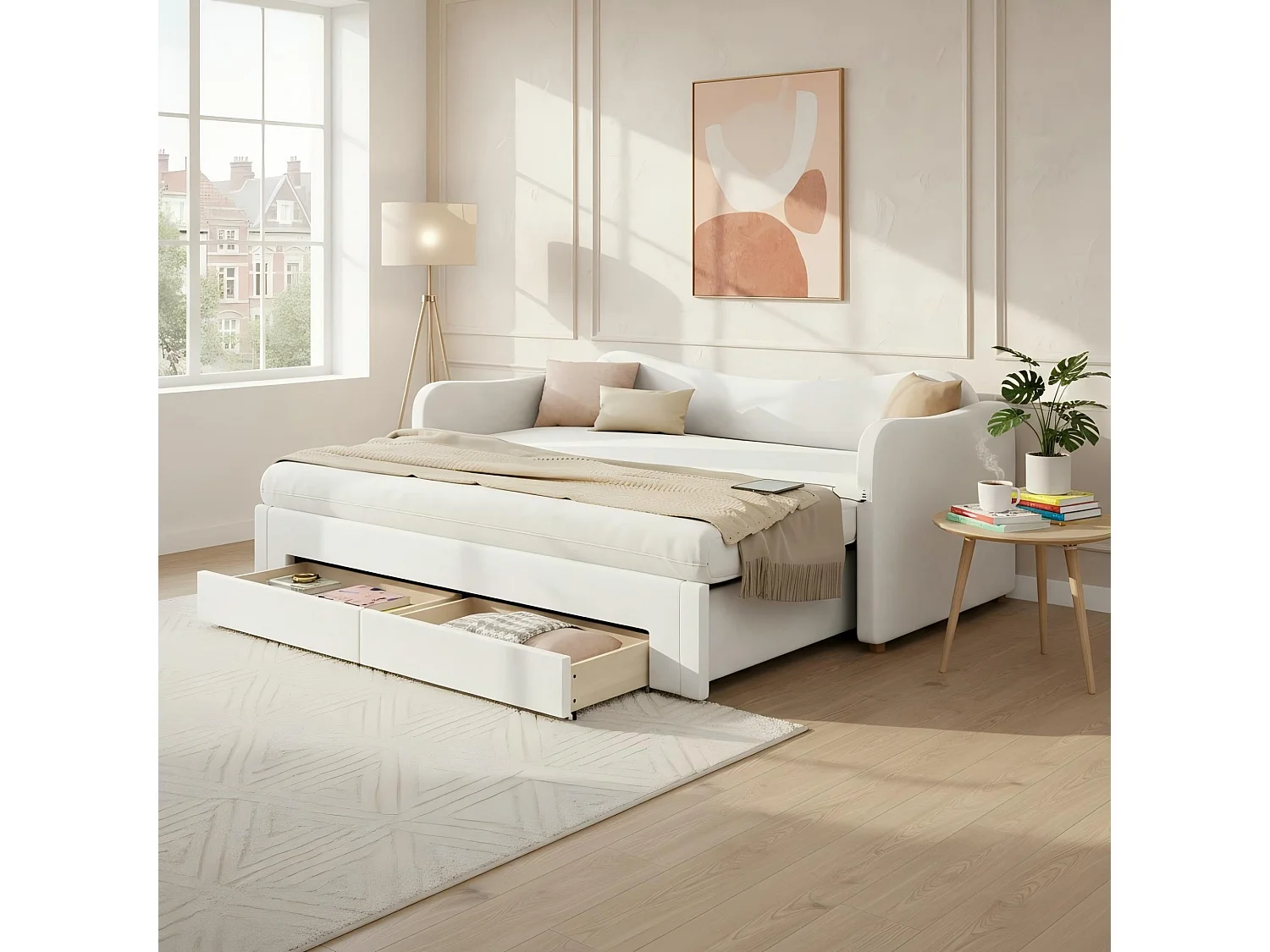 Divano letto imbottito 90x200cm - con letto a scomparsa - 2 cassetti di riporre - Porta USB - Tessuto velluto - Beige​ (Materasso non incluso)