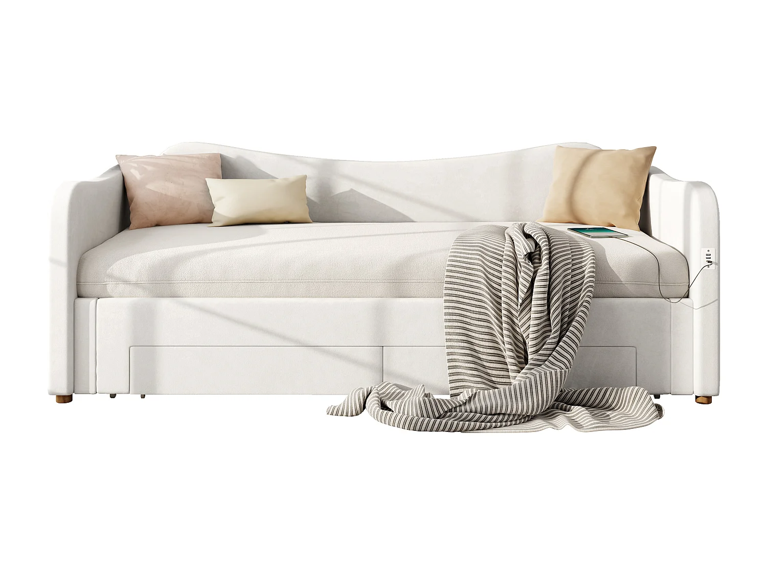 Divano letto imbottito 90x200cm - con letto a scomparsa - 2 cassetti di riporre - Porta USB - Tessuto velluto - Beige​ (Materasso non incluso)