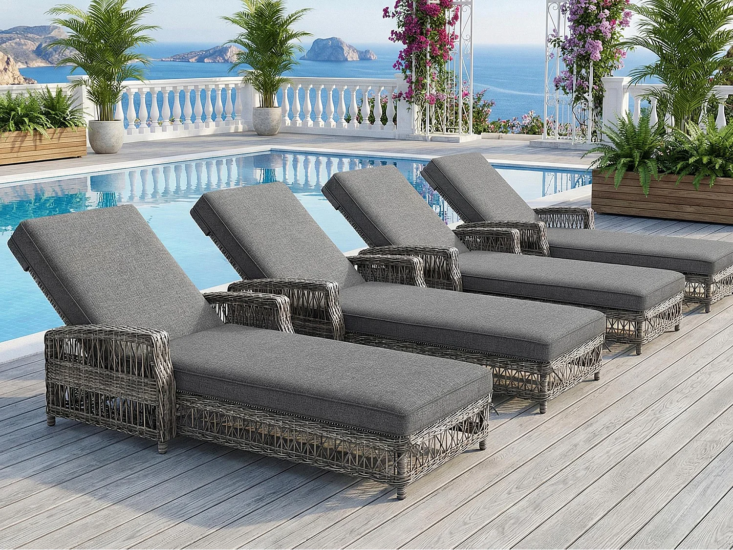 Bain de Soleil Réglable sur 4 Positions pour Terrasse en rotin Résistante aux Intempéries et à la Rouille, 4 places, Gris