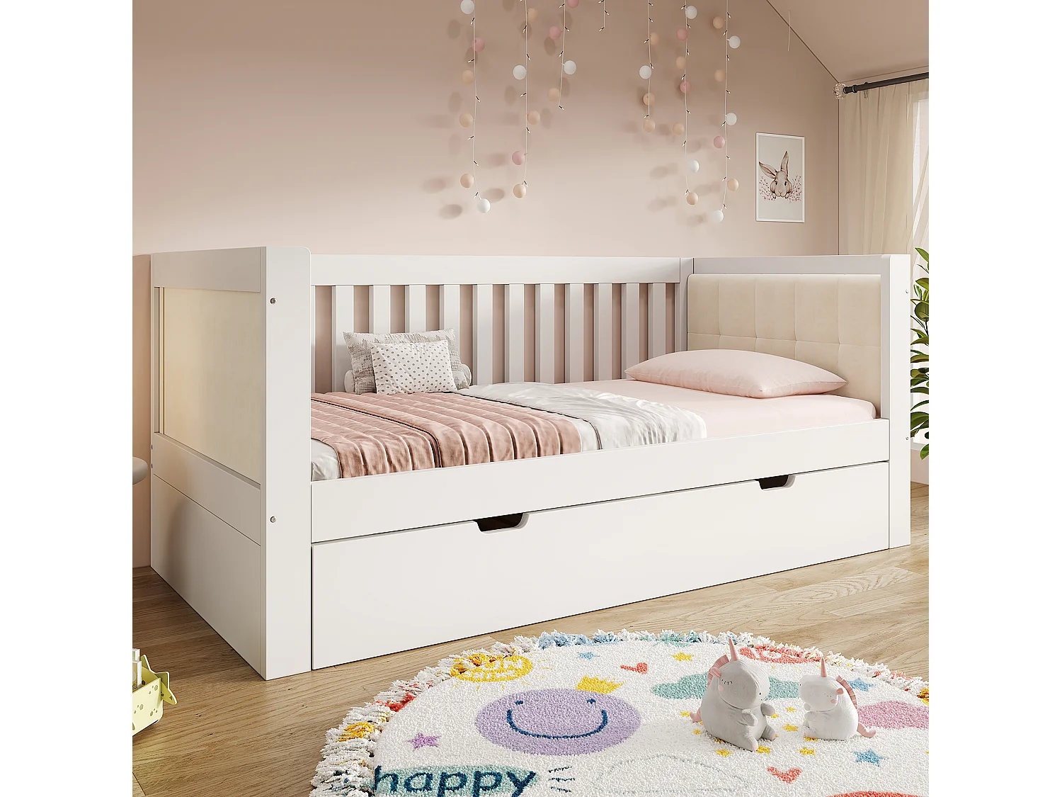 Slaapbank 90x190cm - Met neerklapbaar bed - gestoffeerde rugleuning - met lattenbodem - wit​ (matras niet inbegrepen)