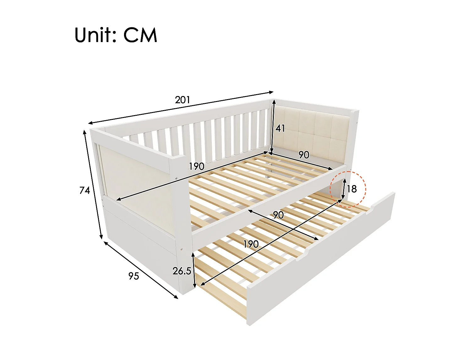 Slaapbank 90x190cm - Met neerklapbaar bed - gestoffeerde rugleuning - met lattenbodem - wit​ (matras niet inbegrepen)