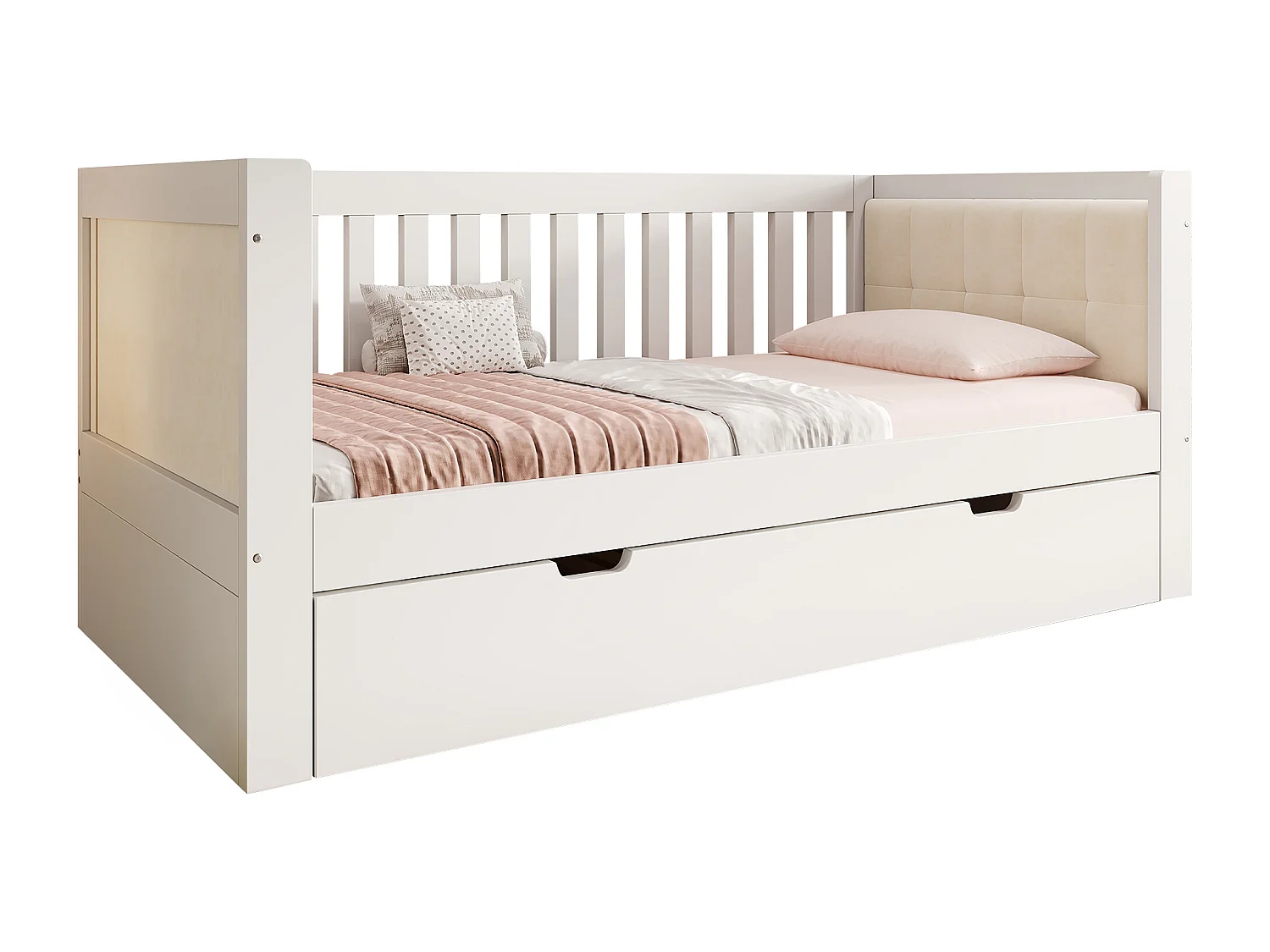 Slaapbank 90x190cm - Met neerklapbaar bed - gestoffeerde rugleuning - met lattenbodem - wit​ (matras niet inbegrepen)