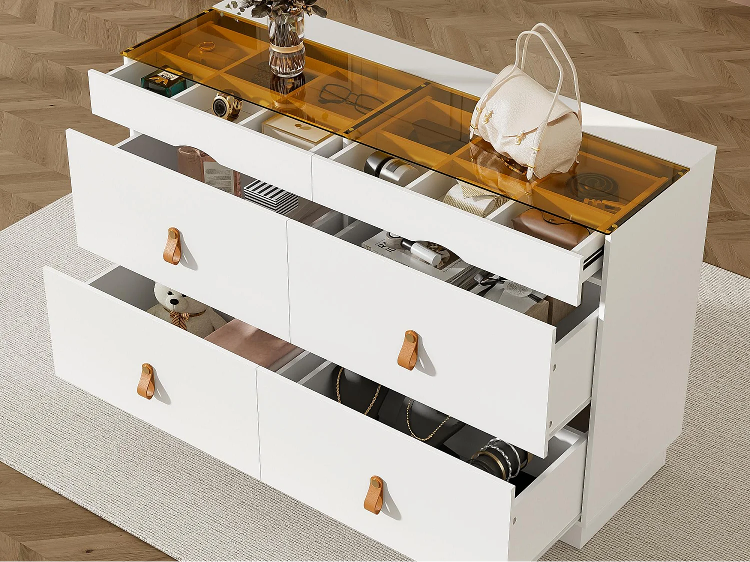 Buffet moderne 120x40x78cm - avec 6 tiroirs - verre de sécurité trempé supérieur - panneau de particules - Blanc