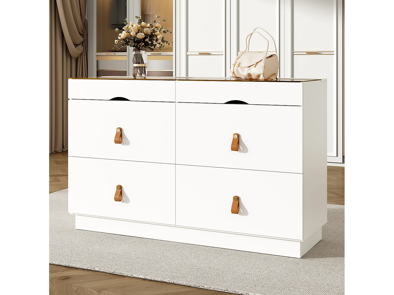 Buffet moderne 120x40x78cm - avec 6 tiroirs - verre de sécurité trempé supérieur - panneau de particules - Blanc