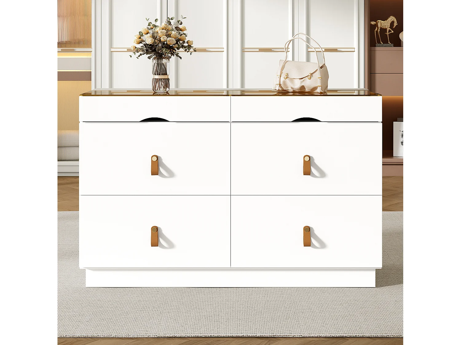 Buffet moderne 120x40x78cm - avec 6 tiroirs - verre de sécurité trempé supérieur - panneau de particules - Blanc