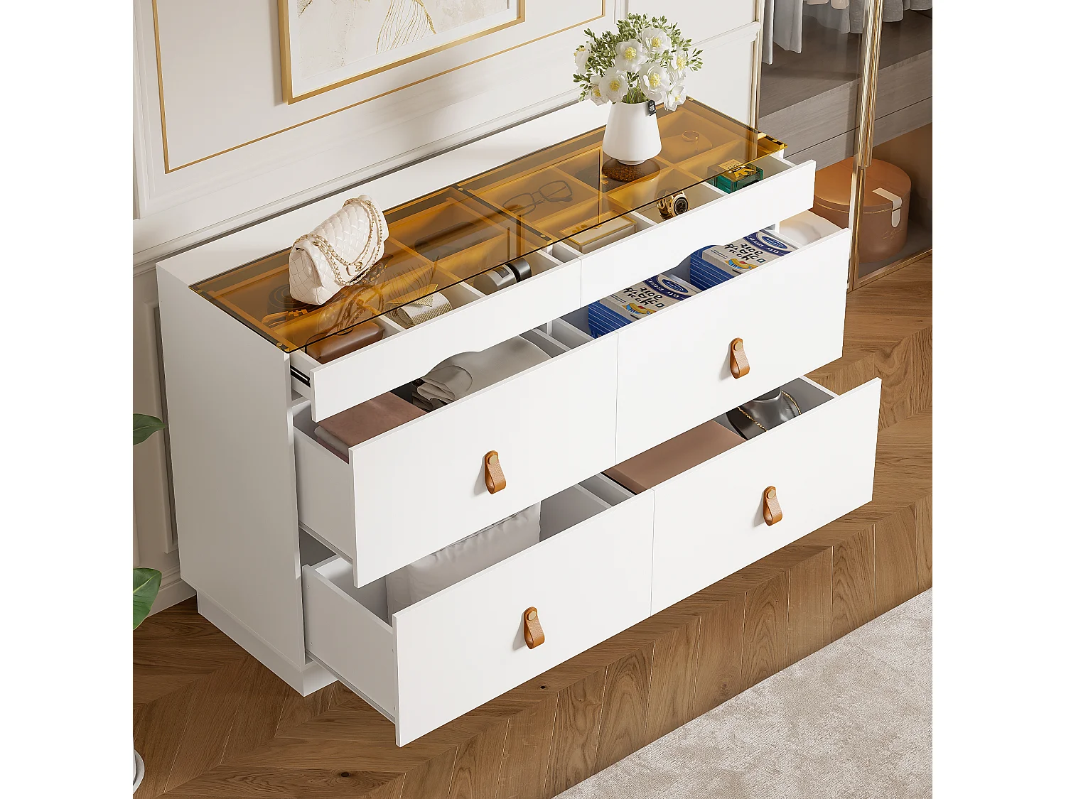 Buffet moderne 120x40x78cm - avec 6 tiroirs - verre de sécurité trempé supérieur - panneau de particules - Blanc