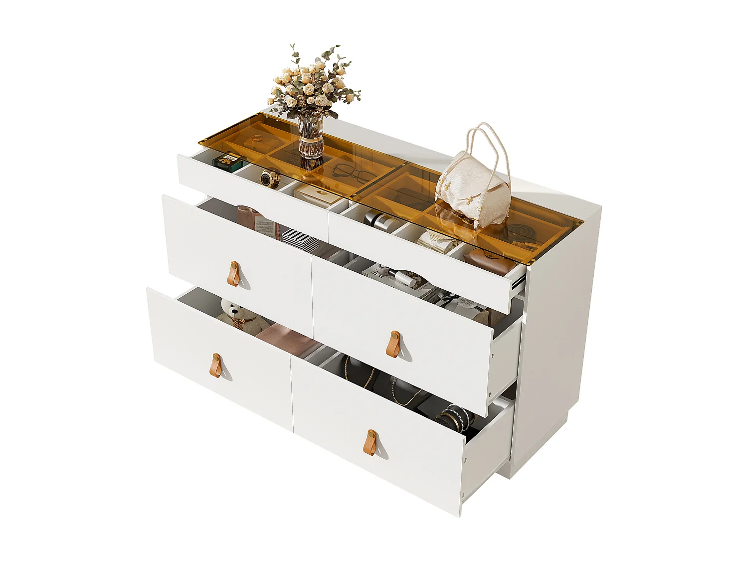 Buffet moderne 120x40x78cm - avec 6 tiroirs - verre de sécurité trempé supérieur - panneau de particules - Blanc
