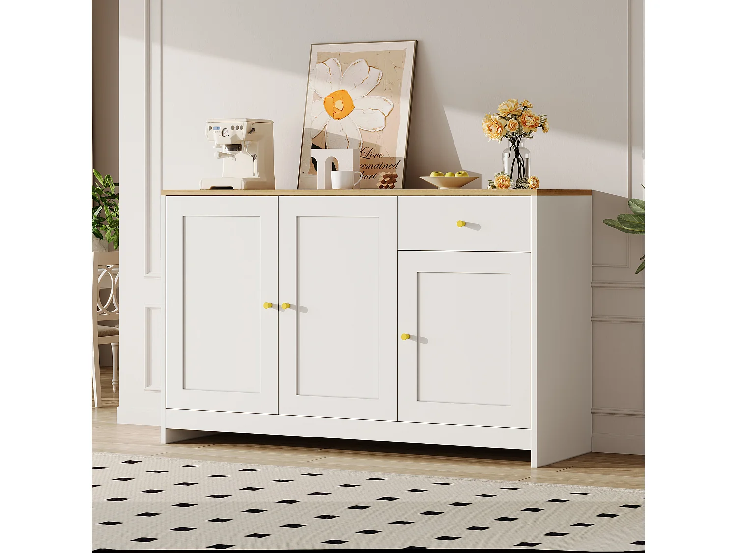 Buffet moderne 120x40x75cm - avec 3 portes et 1 tiroir - comptoir en bois imitation bois - MDF + panneau de particules - Blanc + Naturel