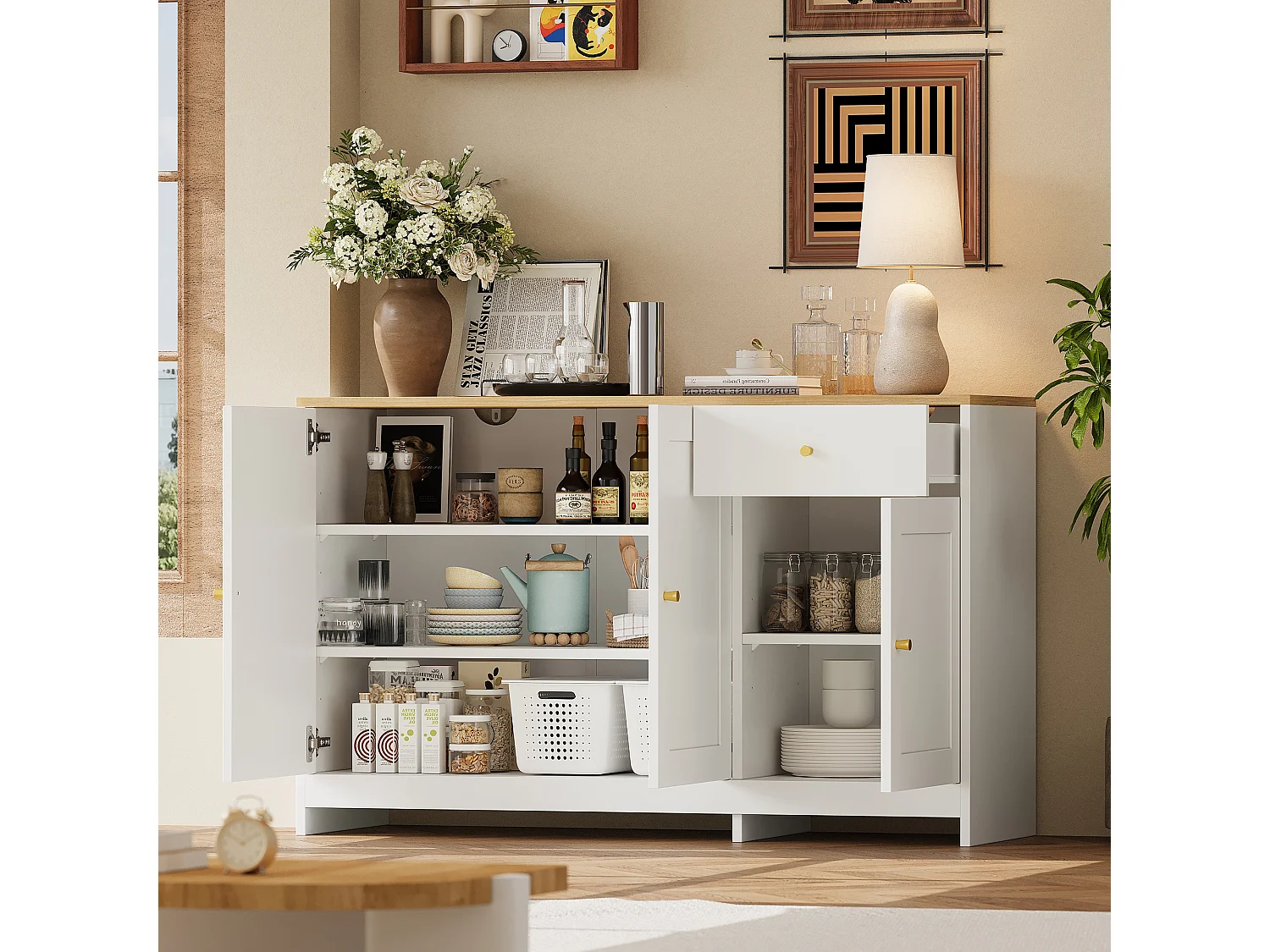 Buffet moderne 120x40x75cm - avec 3 portes et 1 tiroir - comptoir en bois imitation bois - MDF + panneau de particules - Blanc + Naturel