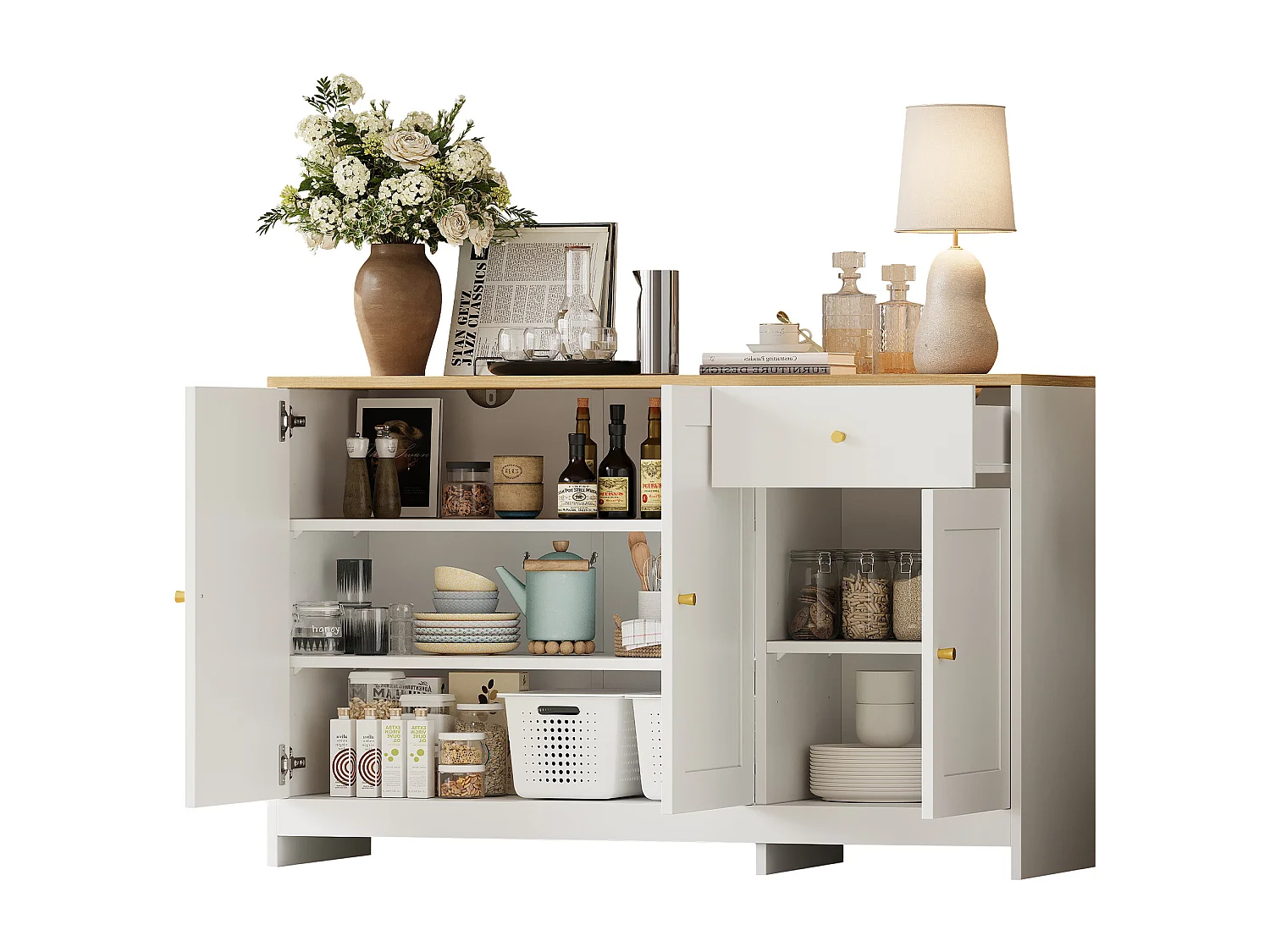 Buffet moderne 120x40x75cm - avec 3 portes et 1 tiroir - comptoir en bois imitation bois - MDF + panneau de particules - Blanc + Naturel