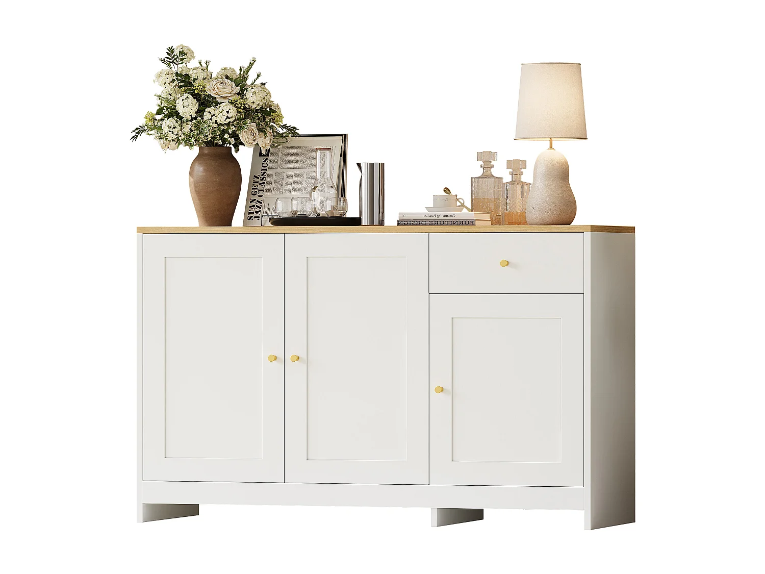 Buffet moderne 120x40x75cm - avec 3 portes et 1 tiroir - comptoir en bois imitation bois - MDF + panneau de particules - Blanc + Naturel