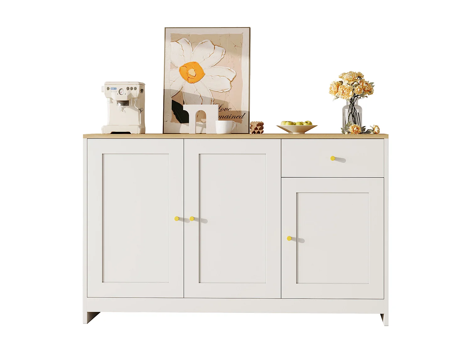 Buffet moderne 120x40x75cm - avec 3 portes et 1 tiroir - comptoir en bois imitation bois - MDF + panneau de particules - Blanc + Naturel