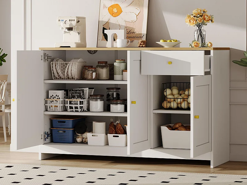 Buffet moderne 120x40x75cm - avec 3 portes et 1 tiroir - comptoir en bois imitation bois - MDF + panneau de particules - Blanc + Naturel