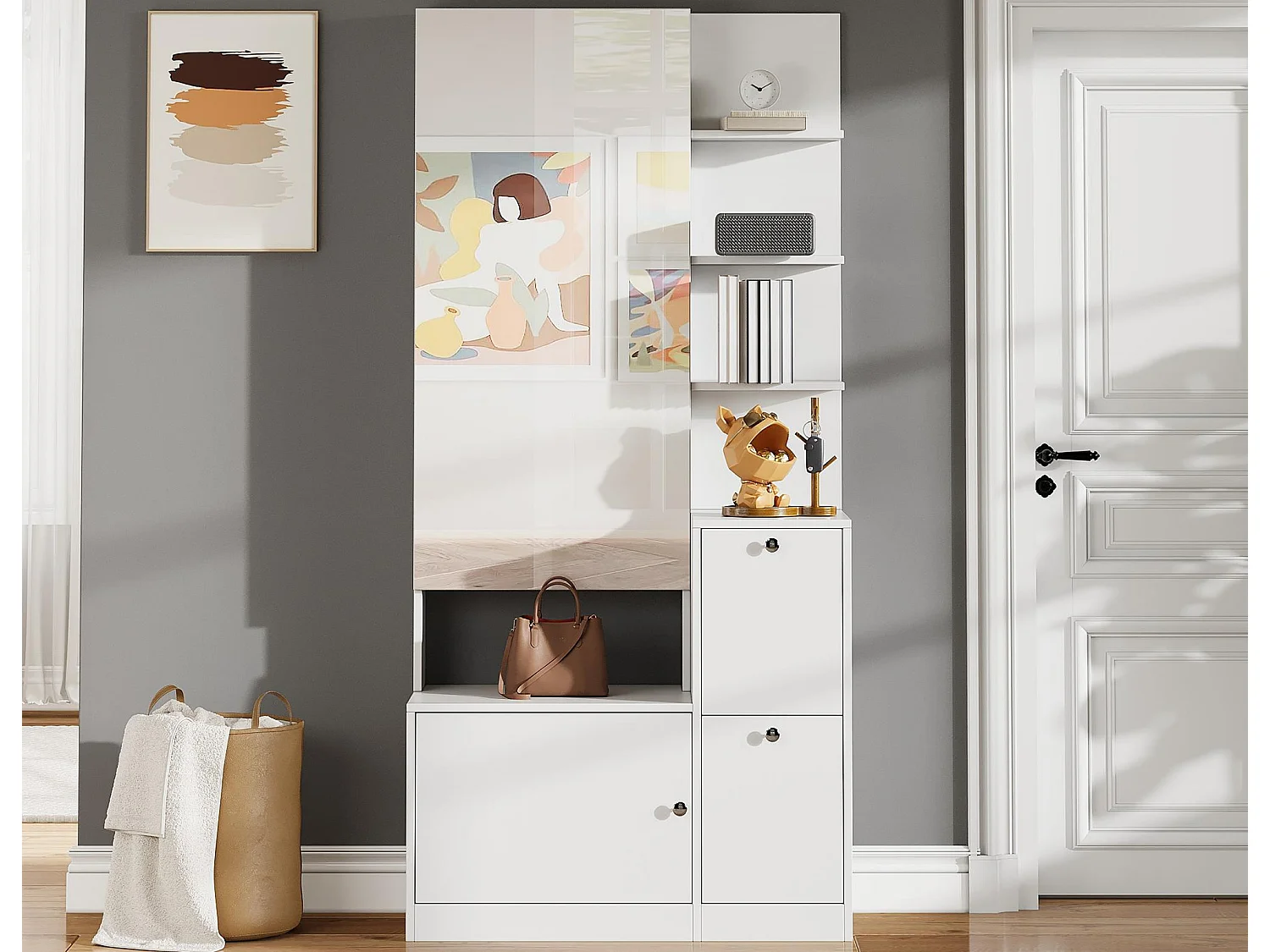 Garderoben-Set für den Eingangsbereich 85x40x180 cm - mit Spiegel und 2 Schuhregalen - 2 Türen - offene Regale - weiß