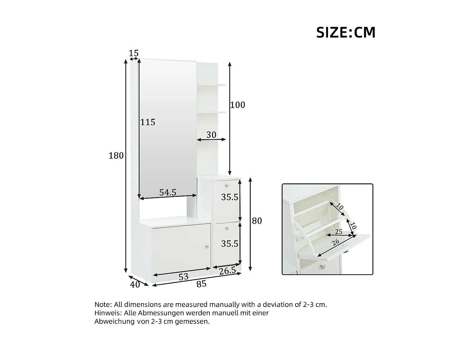 Garderoben-Set für den Eingangsbereich 85x40x180 cm - mit Spiegel und 2 Schuhregalen - 2 Türen - offene Regale - weiß