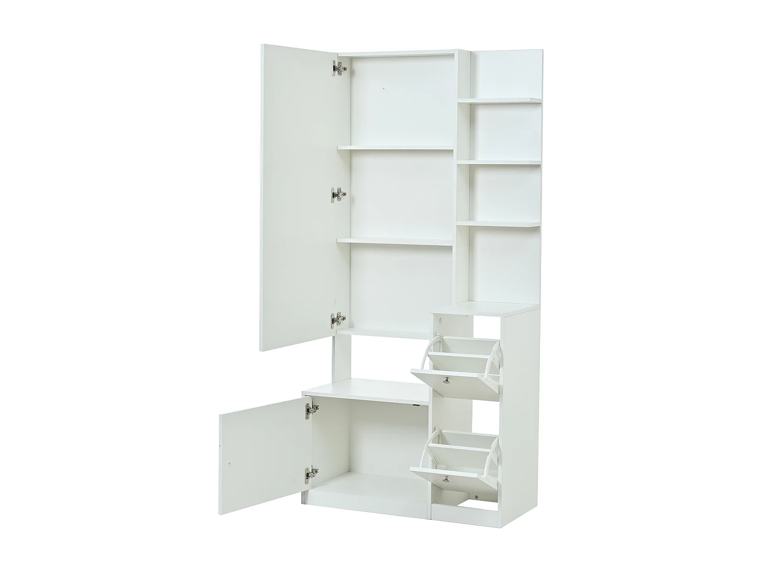 Garderoben-Set für den Eingangsbereich 85x40x180 cm - mit Spiegel und 2 Schuhregalen - 2 Türen - offene Regale - weiß