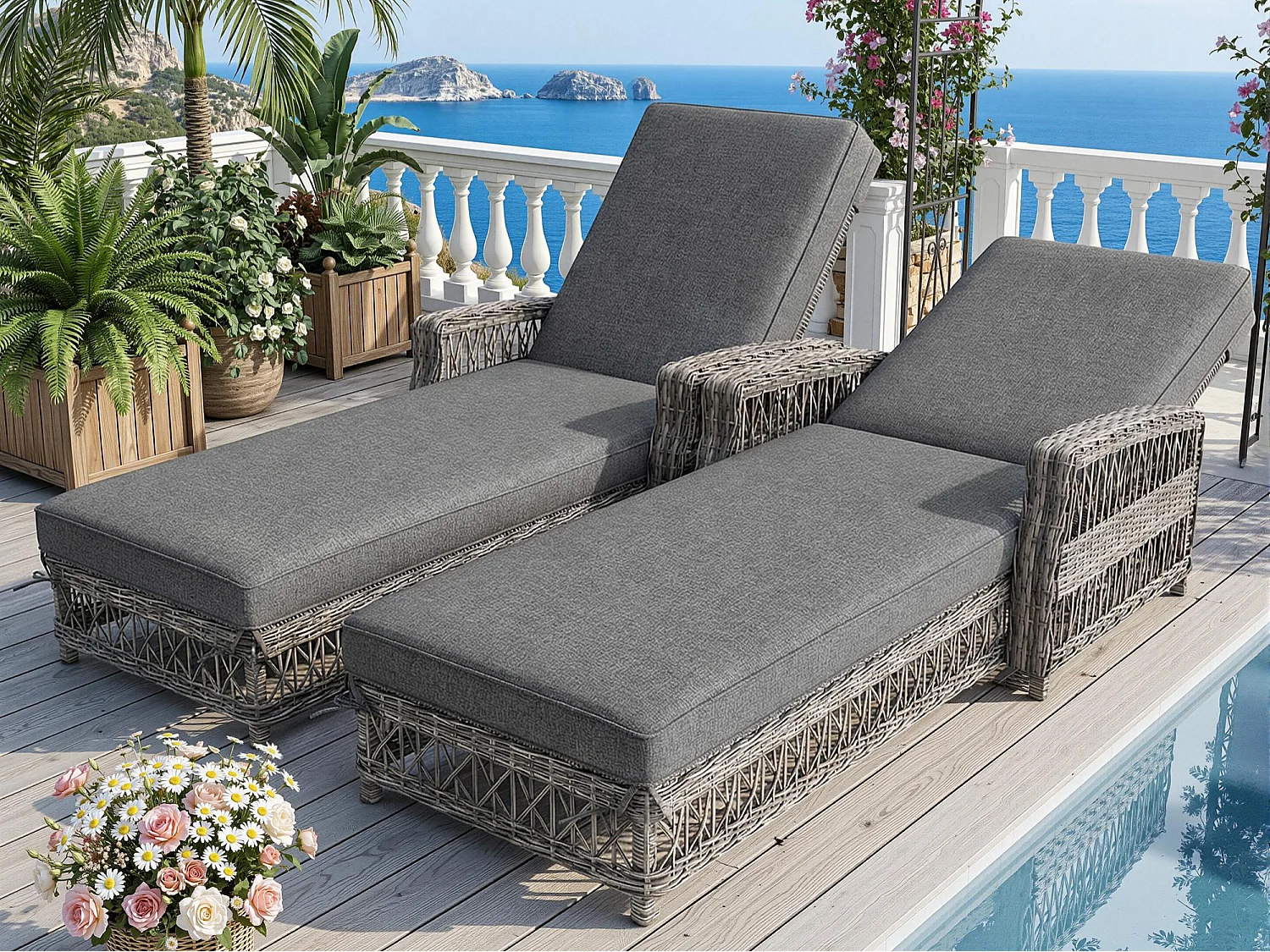 Bain de Soleil Réglable sur 4 Positions pour Terrasse en rotin Résistante aux Intempéries et à la Rouille, 2 places, Gris