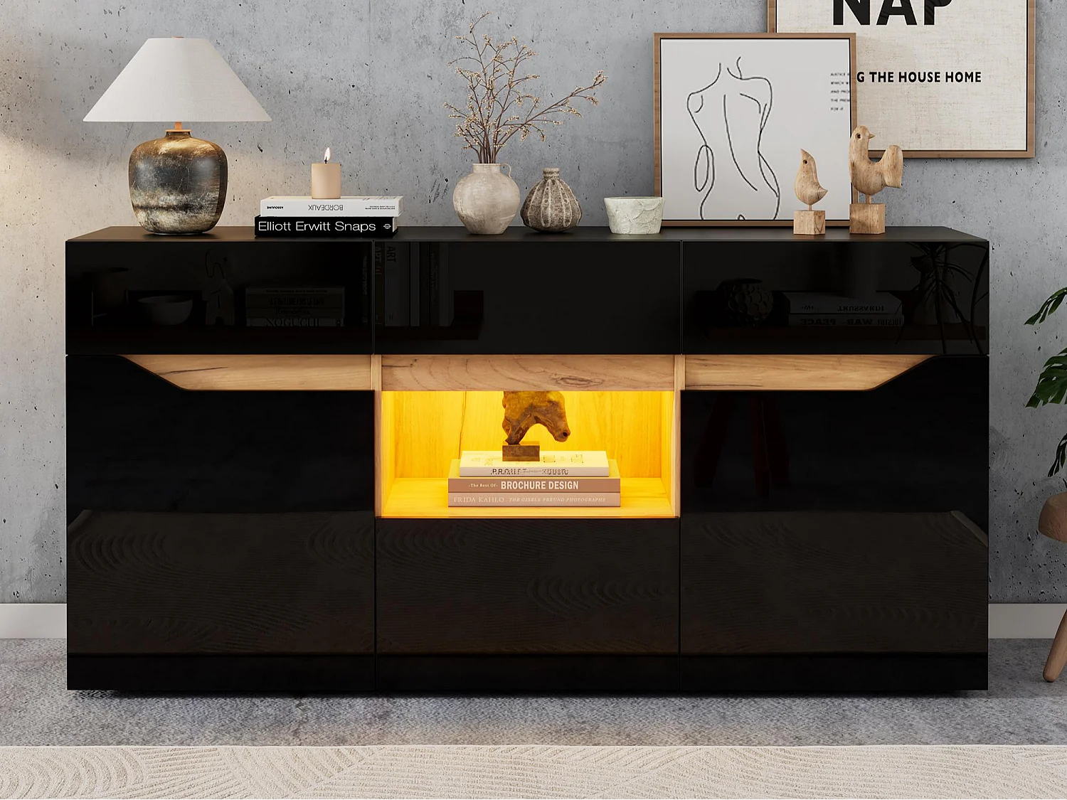 Buffet moderne 140x40x70 cm - 4 tiroirs et 2 portes - avec éclairage LED - Finition brillante - Noir et naturel