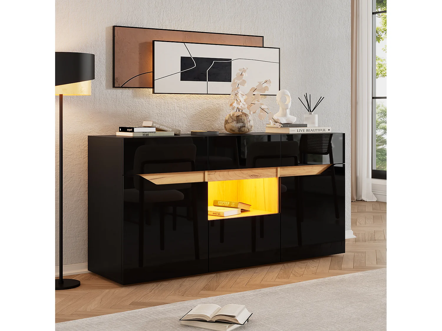Buffet moderne 140x40x70 cm - 4 tiroirs et 2 portes - avec éclairage LED - Finition brillante - Noir et naturel