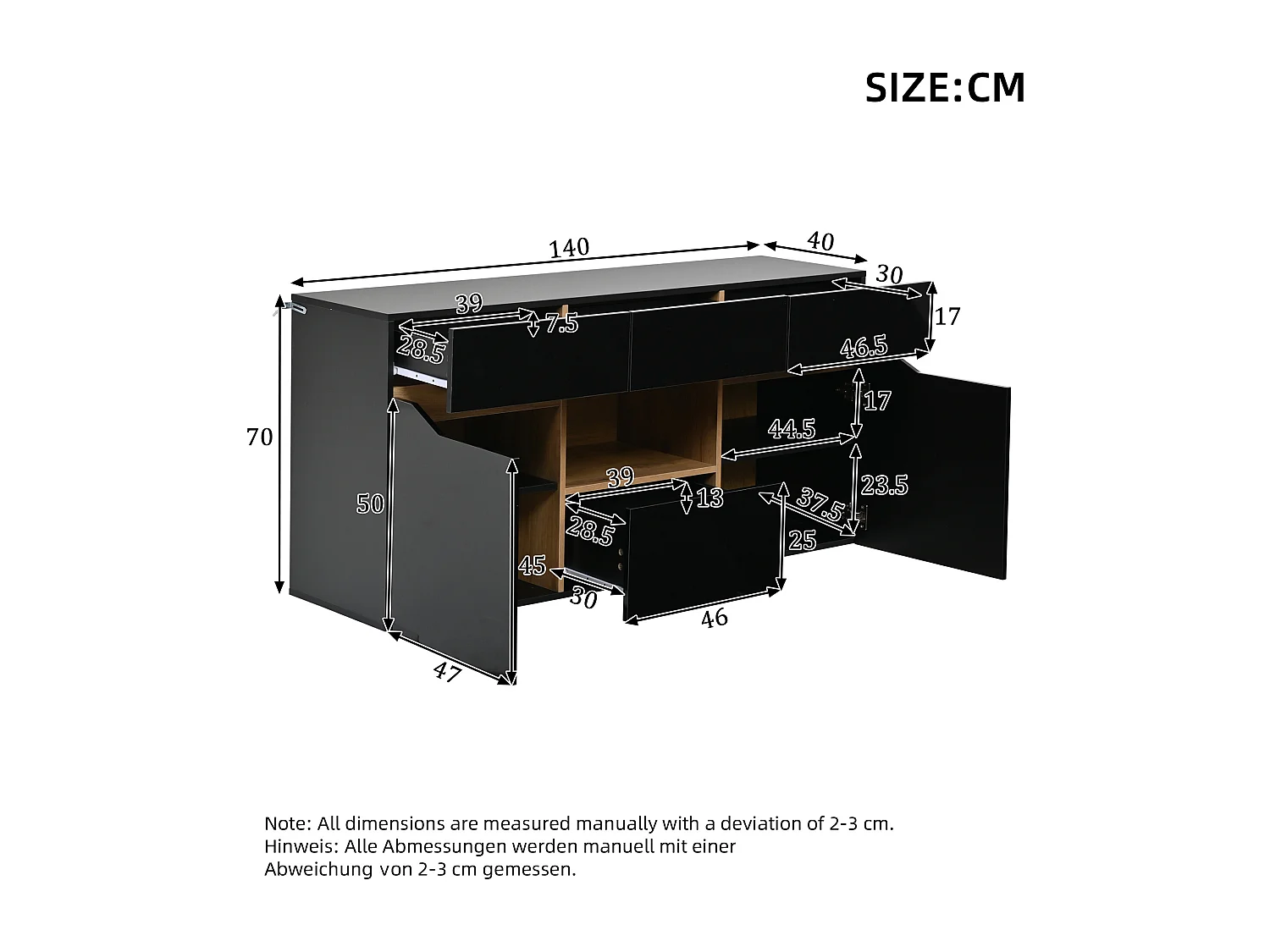 Buffet moderne 140x40x70 cm - 4 tiroirs et 2 portes - avec éclairage LED - Finition brillante - Noir et naturel