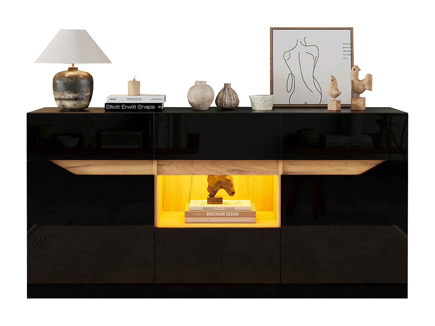 Buffet moderne 140x40x70 cm - 4 tiroirs et 2 portes - avec éclairage LED - Finition brillante - Noir et naturel