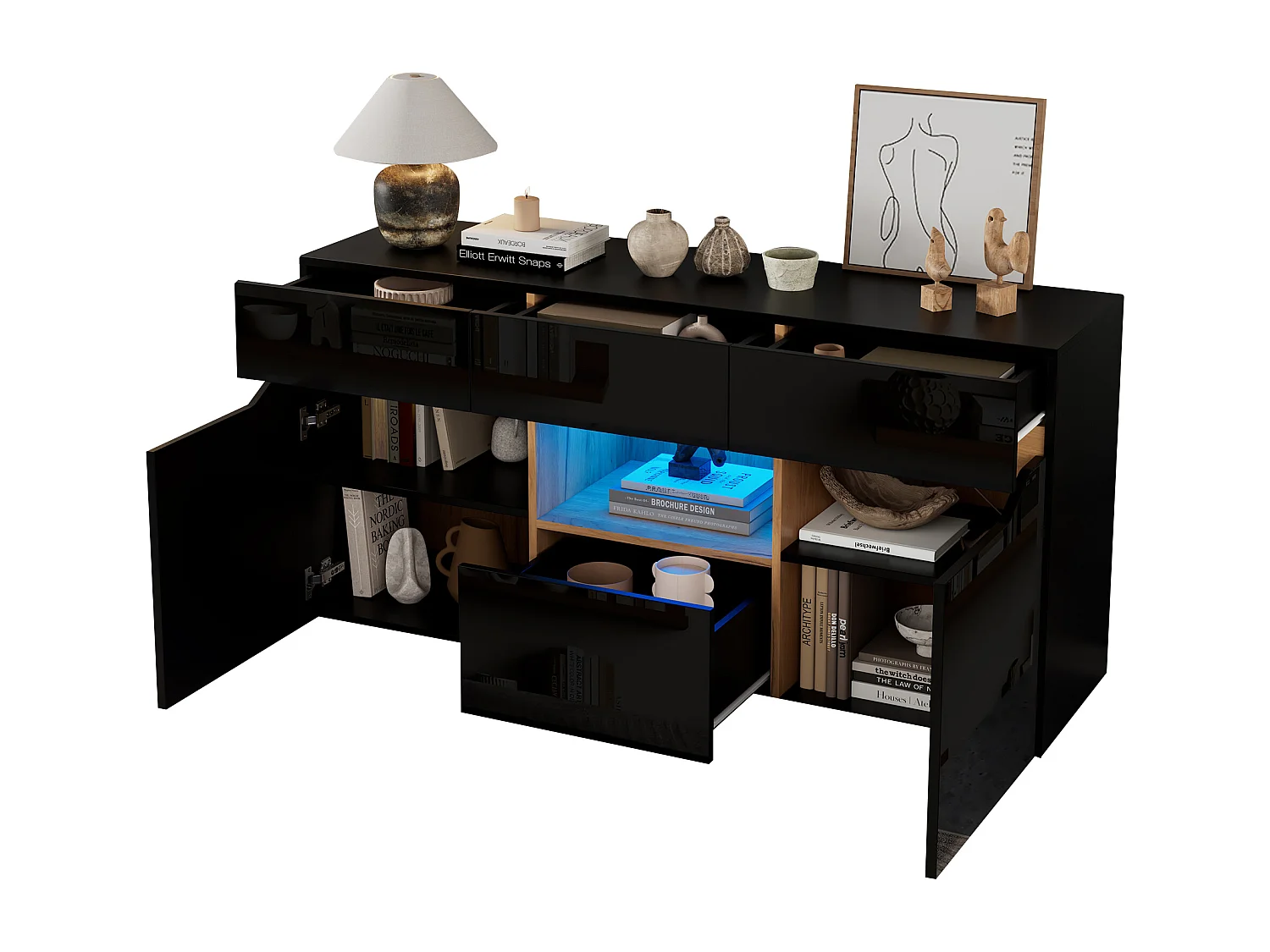 Buffet moderne 140x40x70 cm - 4 tiroirs et 2 portes - avec éclairage LED - Finition brillante - Noir et naturel