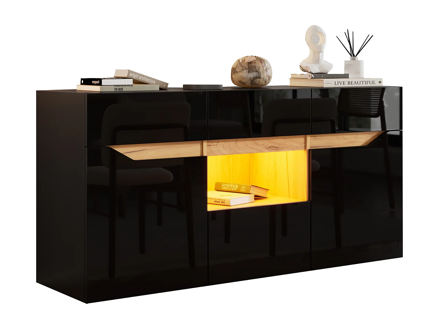 Buffet moderne 140x40x70 cm - 4 tiroirs et 2 portes - avec éclairage LED - Finition brillante - Noir et naturel