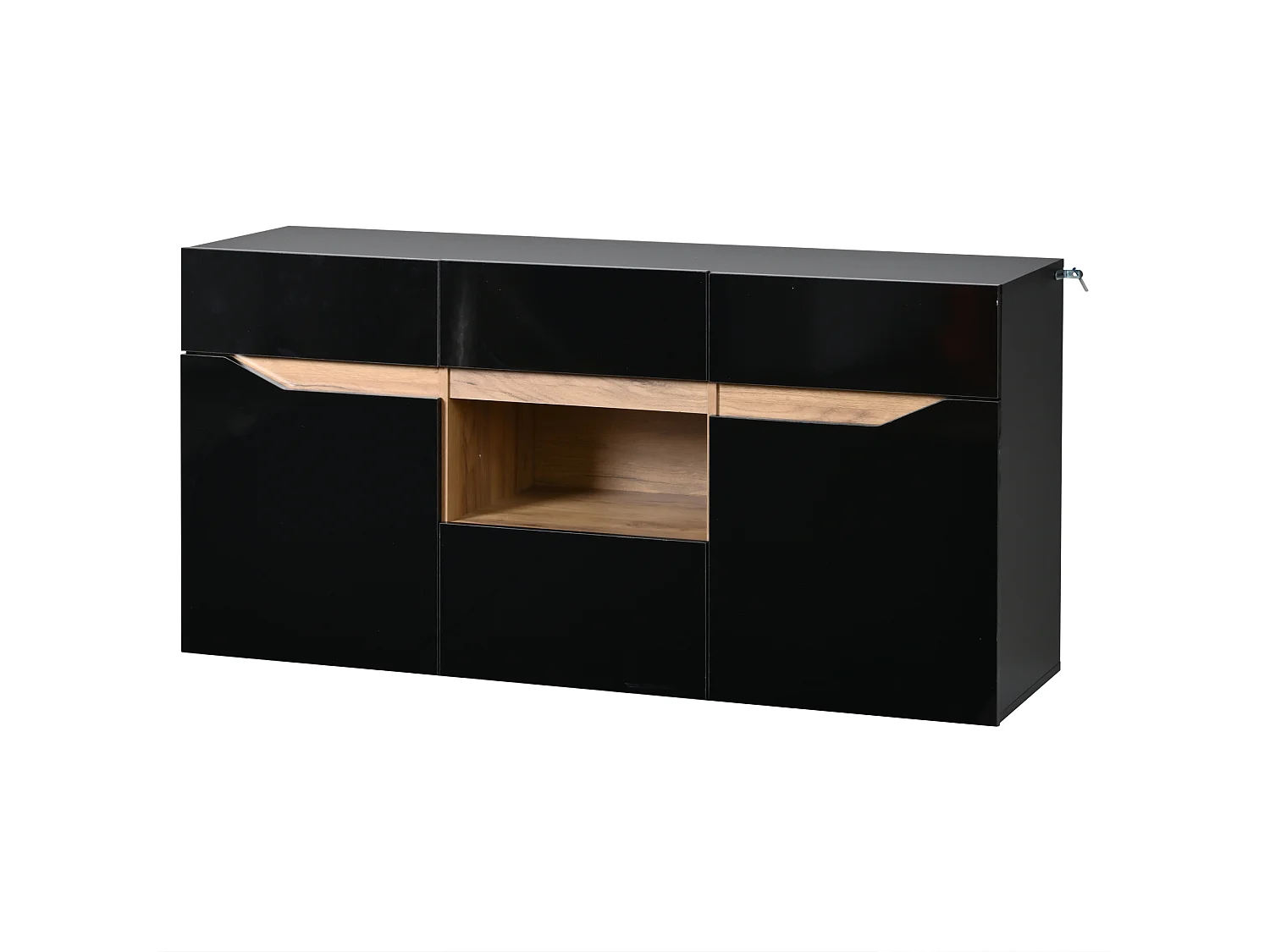 Buffet moderne 140x40x70 cm - 4 tiroirs et 2 portes - avec éclairage LED - Finition brillante - Noir et naturel