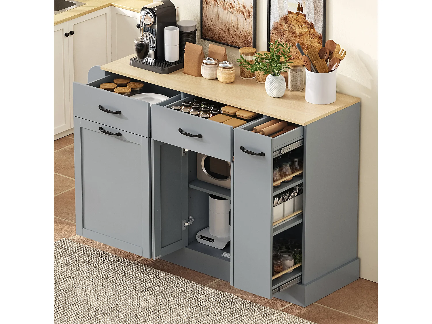 Buffet moderne 133.5x40x86cm - avec tiroirs et étagère à épices - Compartiment avec poubelle - Naturel + Gris