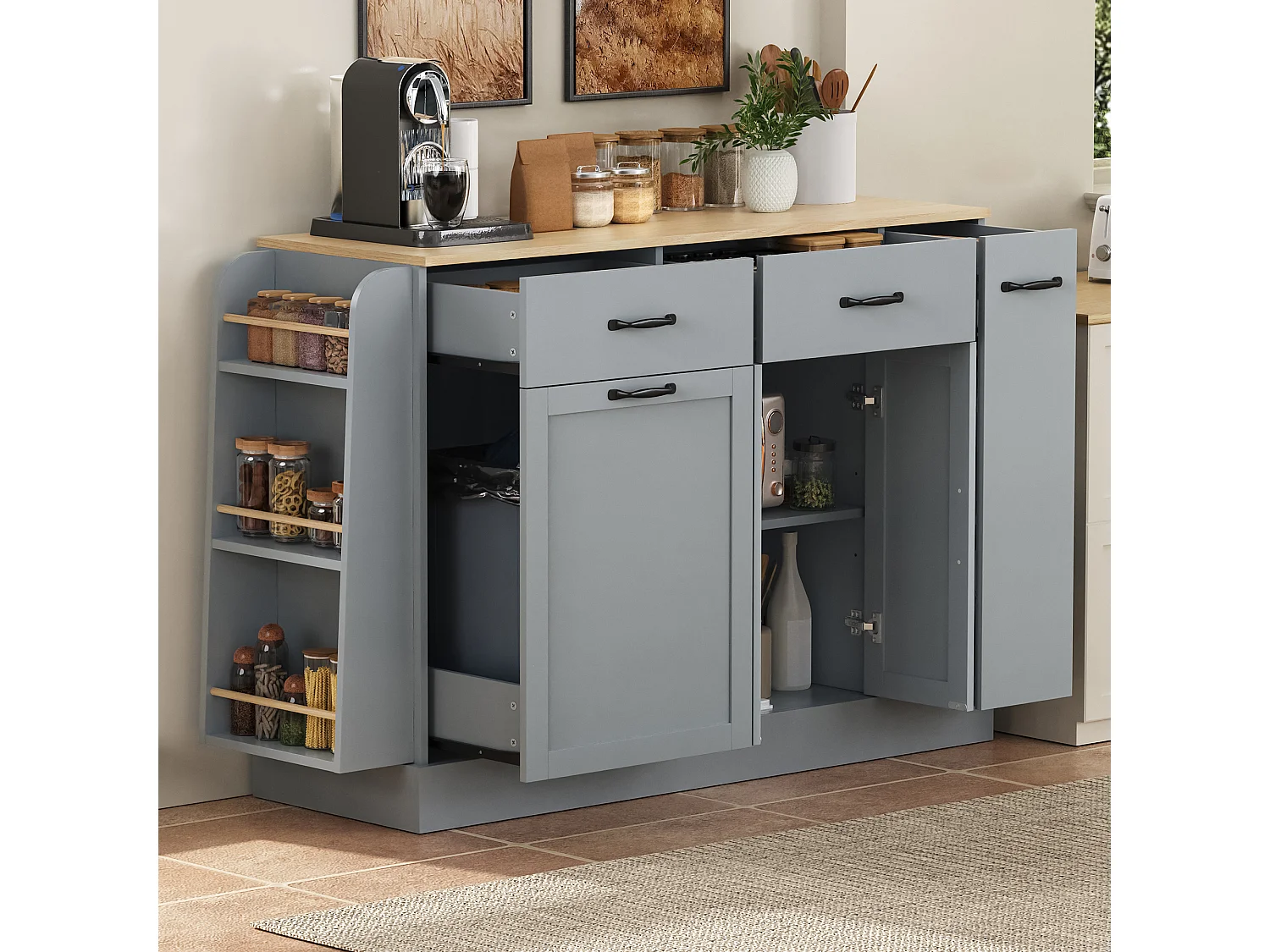 Buffet moderne 133.5x40x86cm - avec tiroirs et étagère à épices - Compartiment avec poubelle - Naturel + Gris