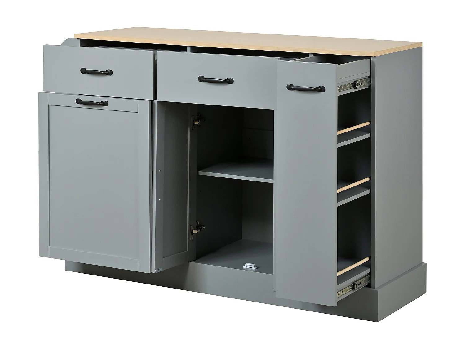 Buffet moderne 133.5x40x86cm - avec tiroirs et étagère à épices - Compartiment avec poubelle - Naturel + Gris