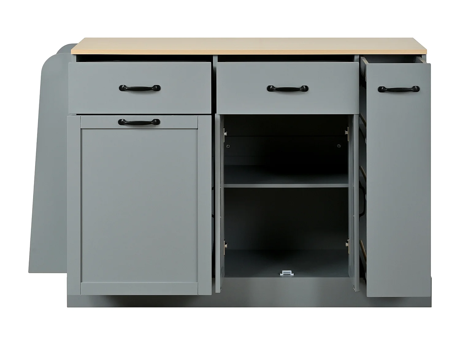 Buffet moderne 133.5x40x86cm - avec tiroirs et étagère à épices - Compartiment avec poubelle - Naturel + Gris