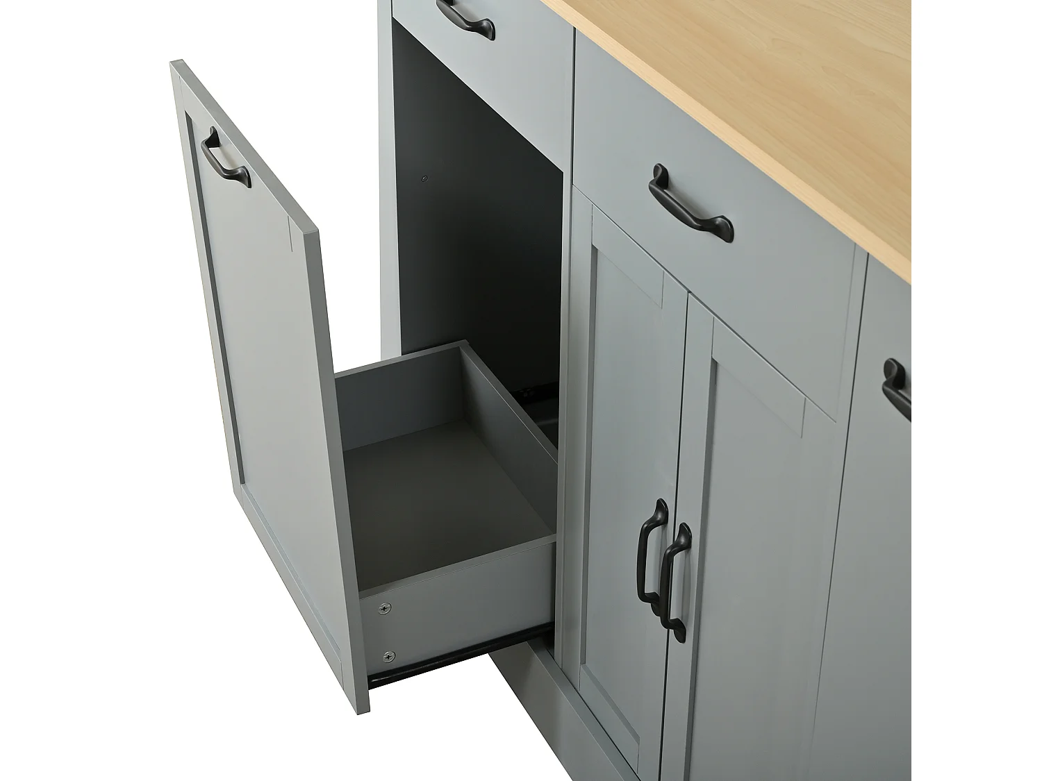 Buffet moderne 133.5x40x86cm - avec tiroirs et étagère à épices - Compartiment avec poubelle - Naturel + Gris